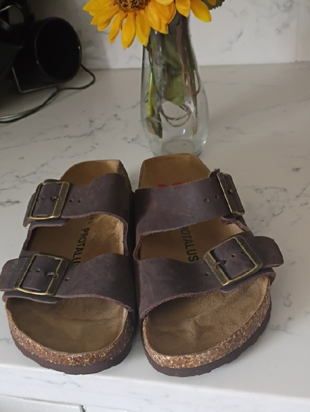 PROTALUS Brown Double-Buckle Cork Footbed Sandals